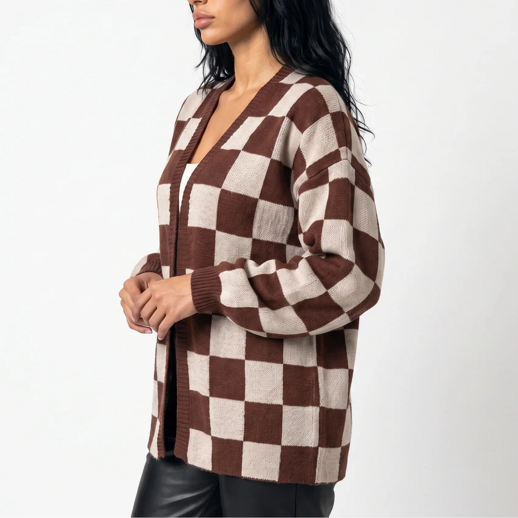 Checkerboard Knit Cardigan Jumper – Relaxed Fit, Casual Style – Everyday Wear, Layering