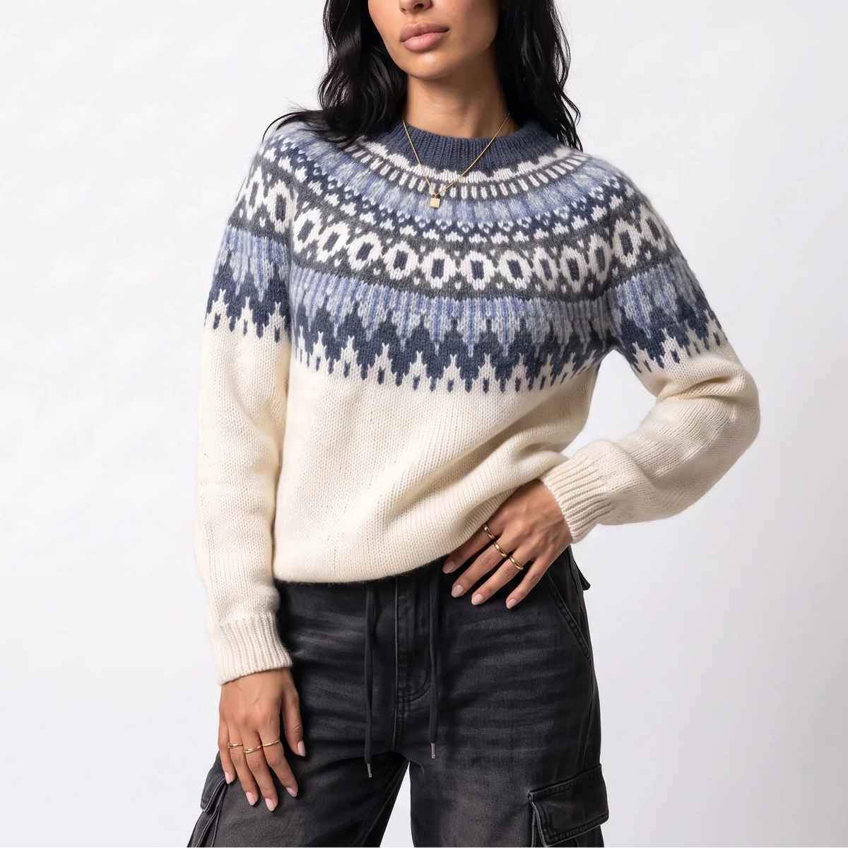 Women's Fair Isle Knit Jumper in Ivory – Casual Layering, Winter Wardrobe